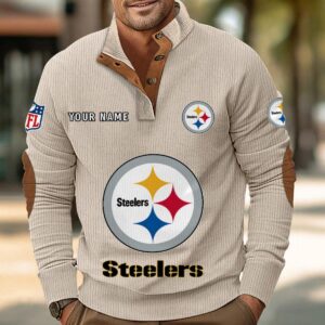 Pittsburgh Steelers Button Up Shirts Stand Collar Long Sleeve Shirt Elbow Patches