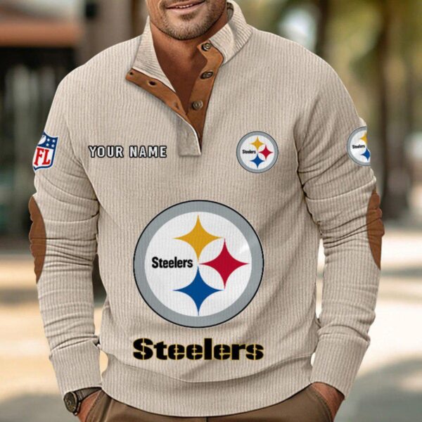 Pittsburgh Steelers Button Up Shirts Stand Collar Long Sleeve Shirt Elbow Patches