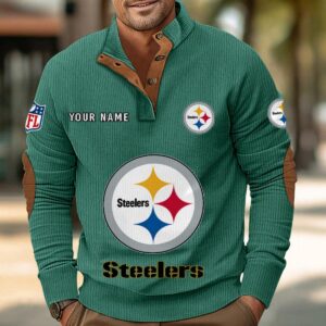 Pittsburgh Steelers Button Up Shirts Stand Collar Long Sleeve Shirt Elbow Patches