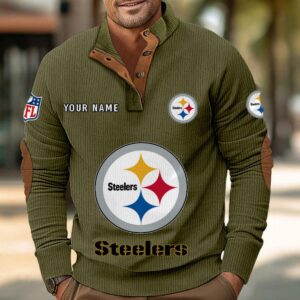 Pittsburgh Steelers Button Up Shirts Stand Collar Long Sleeve Shirt Elbow Patches