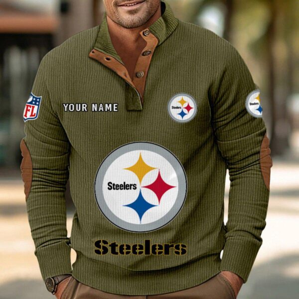 Pittsburgh Steelers Button Up Shirts Stand Collar Long Sleeve Shirt Elbow Patches