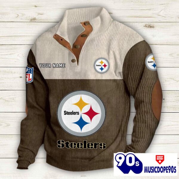Pittsburgh Steelers Button Up Shirts Stand Collar Long Sleeve Shirt Elbow Patches