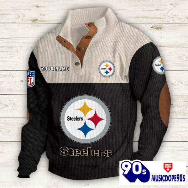 Pittsburgh Steelers Button Up Shirts Stand Collar Long Sleeve Shirt Elbow Patches