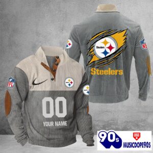 Pittsburgh Steelers Vintage Button Up Shirts Stand Collar Long Sleeve Shirt Elbow Patches