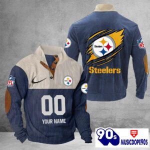 Pittsburgh Steelers Vintage Button Up Shirts Stand Collar Long Sleeve Shirt Elbow Patches