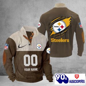 Pittsburgh Steelers Vintage Button Up Shirts Stand Collar Long Sleeve Shirt Elbow Patches
