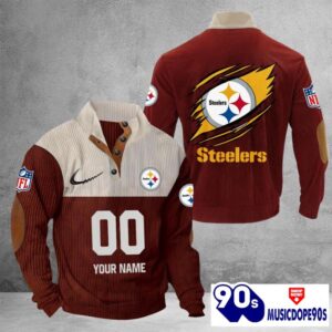 Pittsburgh Steelers Vintage Button Up Shirts Stand Collar Long Sleeve Shirt Elbow Patches