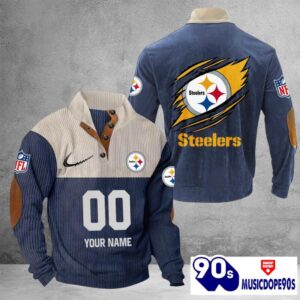 Pittsburgh Steelers Vintage Button Up Shirts Stand Collar Long Sleeve Shirt Elbow Patches