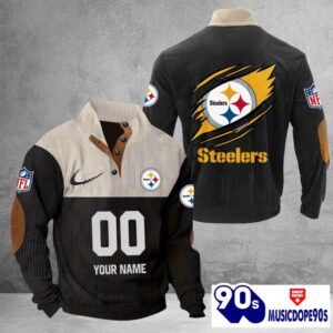 Pittsburgh Steelers Vintage Button Up Shirts Stand Collar Long Sleeve Shirt Elbow Patches