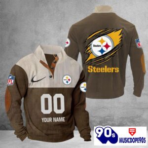 Pittsburgh Steelers Vintage Button Up Shirts Stand Collar Long Sleeve Shirt Elbow Patches