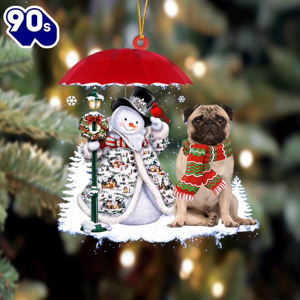 Pug 2 With Snowman Christmas Ornament, Gift For Christmas Pug 2 With Snowman Christmas Ornament, Gift For Christmas