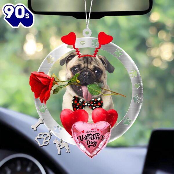 Pug With Rose & Heart Balloon Ornament, Gift For Christmas
