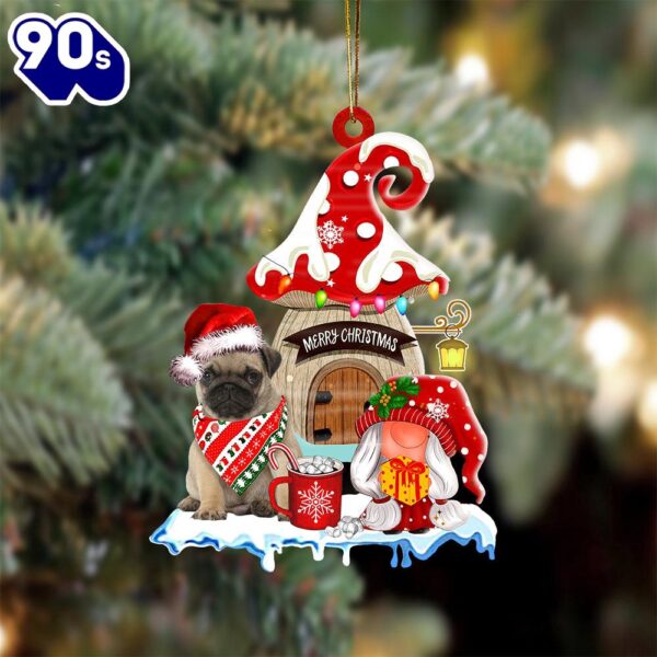Pug-2 With Mushroom House Christmas Ornament, Gift For Christmas
