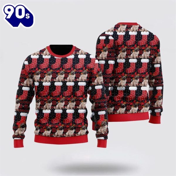 Merry Christmas  Puppy Dog With Red Xmas Socks Pattern Ugly Christmas Sweater For Men And Women