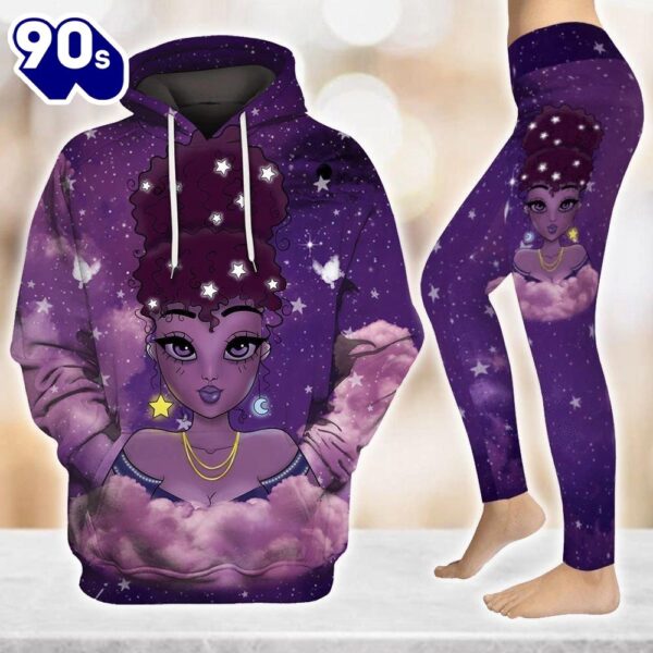Purple Lovely Moon Star Afro Girl All Over Print Leggings Hoodie Set Outfit For Women Gift Xmas