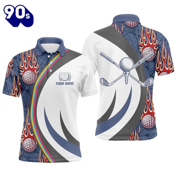 Red Flame Golf Ball Mens Polo Shirts Blue Custom Name    Gift Christmas
