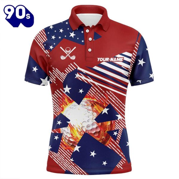 Red, White And Blue American Flag Flame Golf Ball Custom Mens Golf Polo Shirts   Gift Christmas