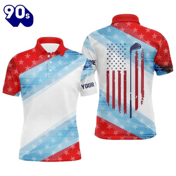 Red White And Blue American Flag Mens Golf Polo Shirt Custom Mens Patriotic Polo Shirts Golfing Gift  Gift Christmas