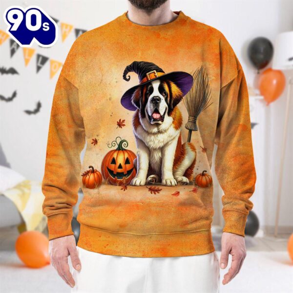 Saint Bernard Dog In Spooky Autumn Halloween 3D Shirt  For Man And Women