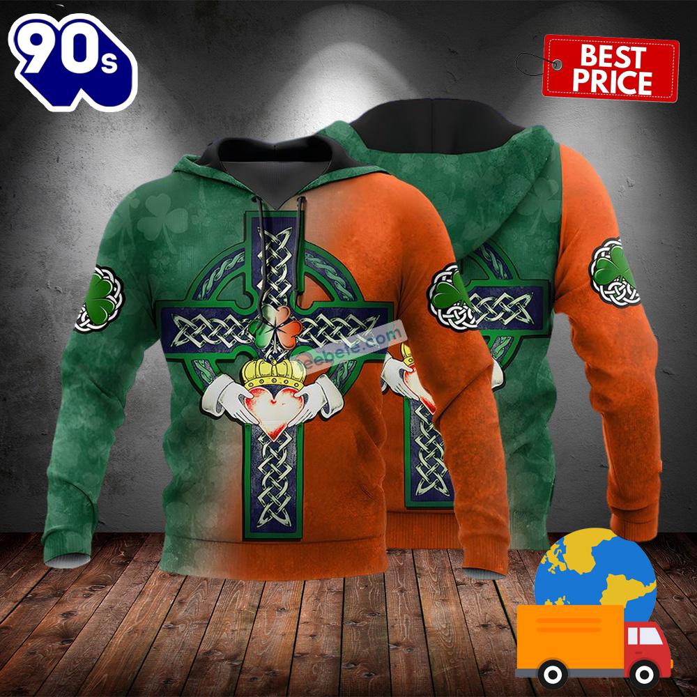 Saint Patrick Love Celtic Cross St Patrick Day Green 3D Hoodie For Men 2025 Saint Patrick Love Celtic Cross St Patrick Day Green 3D Hoodie For Men 2025