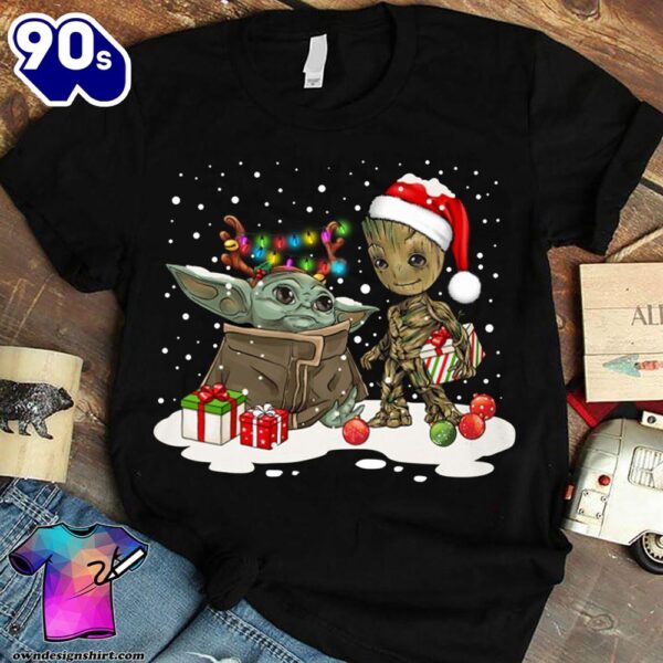 Santa Baby Yoda And Baby Groot Friends Merry Christmas Shirt Gift Xmas