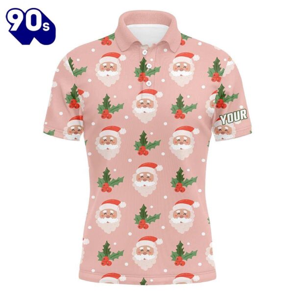 Santa With Holly On Pink Mens Golf Polo Shirt Custom Cute    Gift Christmas