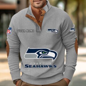 Seattle Seahawks Button Up Shirts Stand Collar Long Sleeve Shirt Elbow Patches