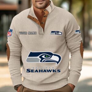 Seattle Seahawks Button Up Shirts Stand Collar Long Sleeve Shirt Elbow Patches