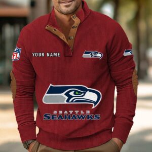 Seattle Seahawks Button Up Shirts Stand Collar Long Sleeve Shirt Elbow Patches