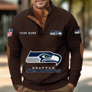 Seattle Seahawks Button Up Shirts Stand Collar Long Sleeve Shirt Elbow Patches