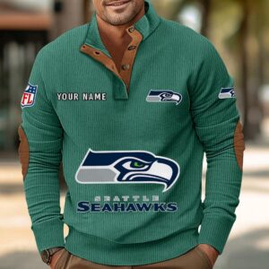 Seattle Seahawks Button Up Shirts Stand Collar Long Sleeve Shirt Elbow Patches