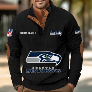 Seattle Seahawks Button Up Shirts Stand Collar Long Sleeve Shirt Elbow Patches