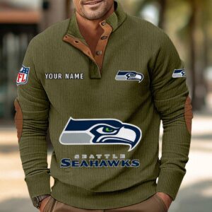 Seattle Seahawks Button Up Shirts Stand Collar Long Sleeve Shirt Elbow Patches