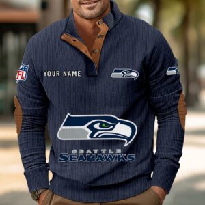 Seattle Seahawks Button Up Shirts Stand Collar Long Sleeve Shirt Elbow Patches