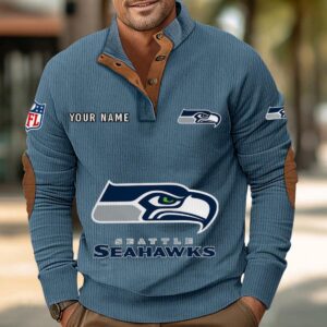 Seattle Seahawks Button Up Shirts Stand Collar Long Sleeve Shirt Elbow Patches