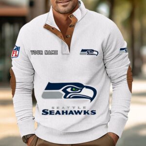 Seattle Seahawks Button Up Shirts Stand Collar Long Sleeve Shirt Elbow Patches