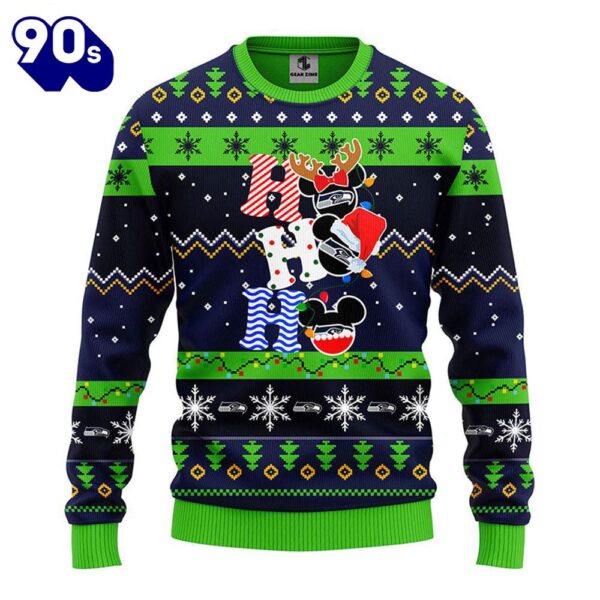 Seattle Seahawks HoHoHo Mickey Christmas Ugly Sweater  Gift Christmas