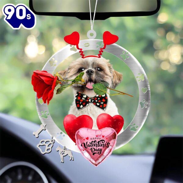 Shih Tzu With Rose & Heart Balloon Ornament, Gift For Christmas
