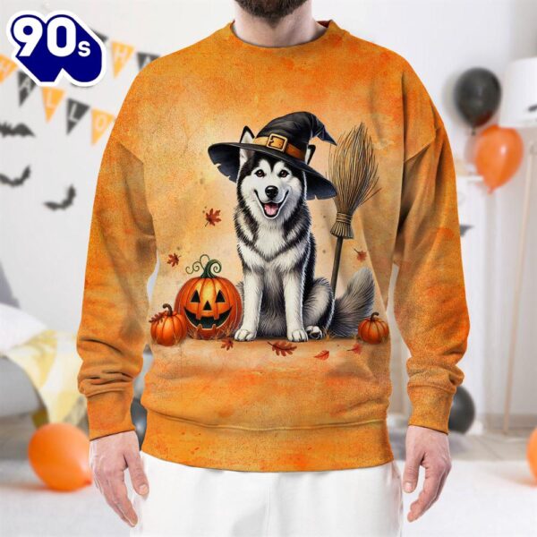 Siberian Husky Dog In Spooky Autumn Halloween 3D Shirt  For Man And Women