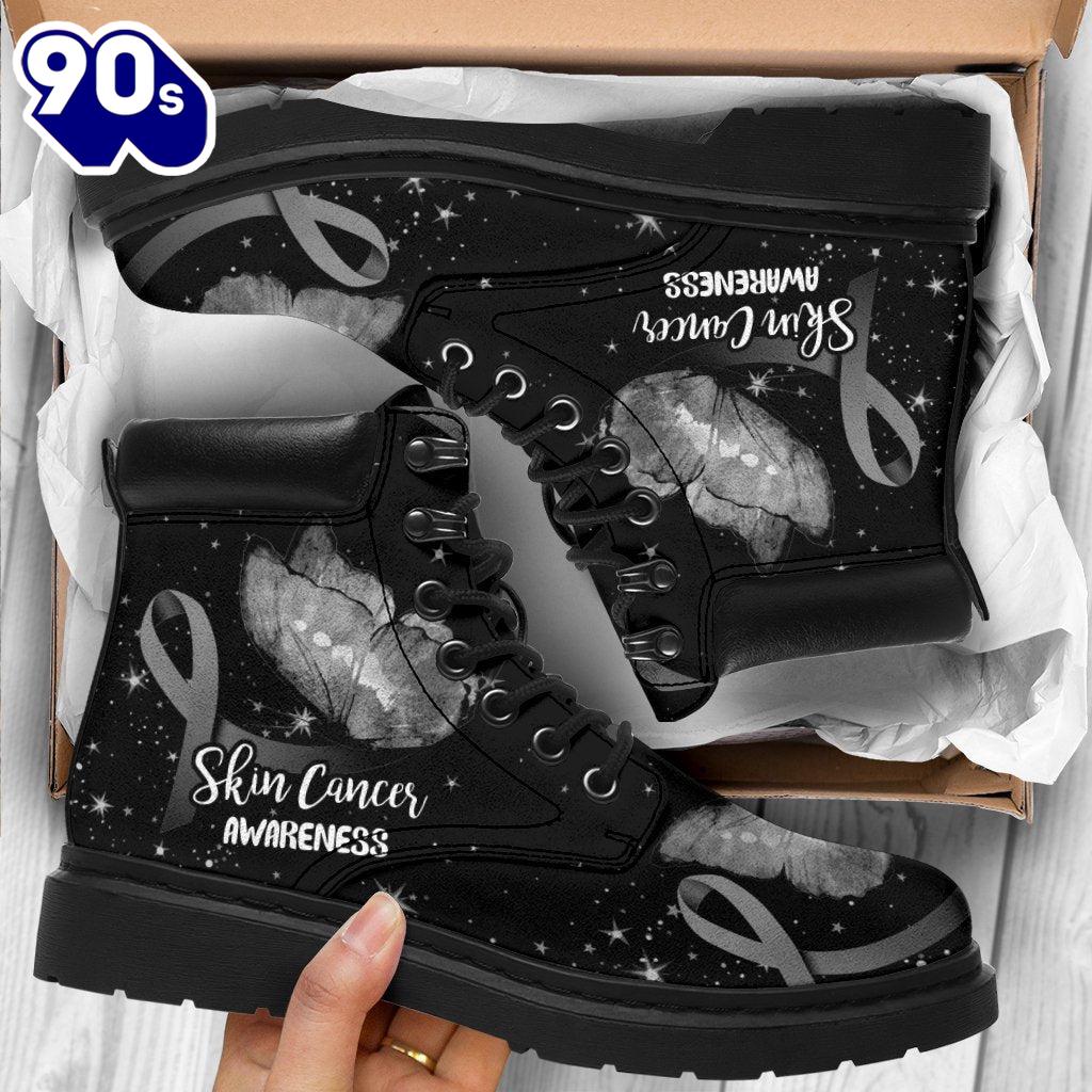 Skin Cancer Awareness Leather Boots Ribbon Butterfly Shoes Skin Cancer Awareness Leather Boots Ribbon Butterfly Shoes