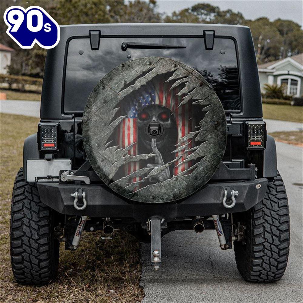 Skull American Flag Spare Tire Cover With Backup Camera Hole Skull American Flag Spare Tire Cover With Backup Camera Hole