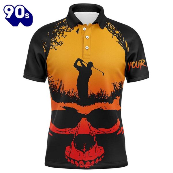 Skull Playing Golf Halloween Mens Polo Shirts Custom Orange Scary    Gift Christmas