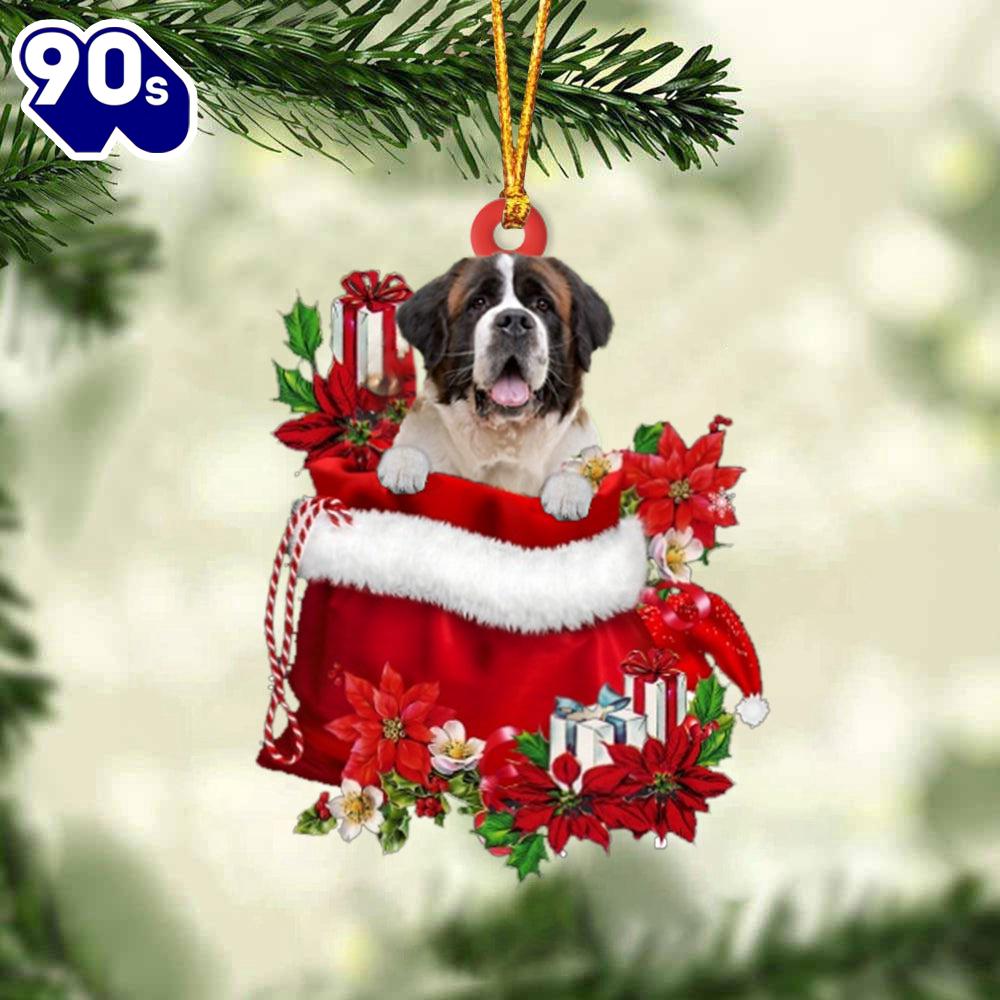 St Bernard In Gift Bag Christmas Ornament, Gift For Christmas St Bernard In Gift Bag Christmas Ornament, Gift For Christmas
