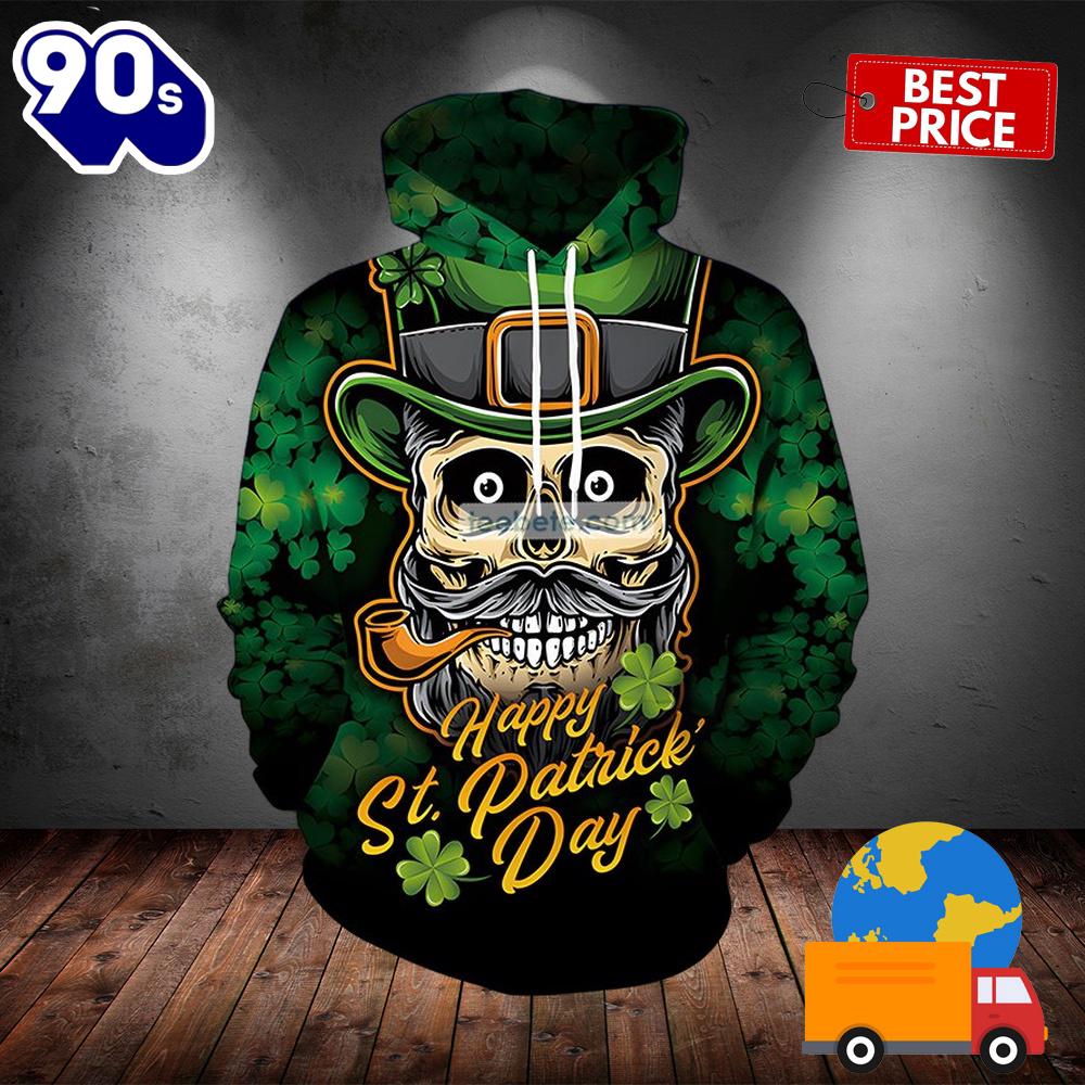 St Patricks Day With Clover Skull Green 3D Full Print Hoodie 2025 St Patricks Day With Clover Skull Green 3D Full Print Hoodie 2025