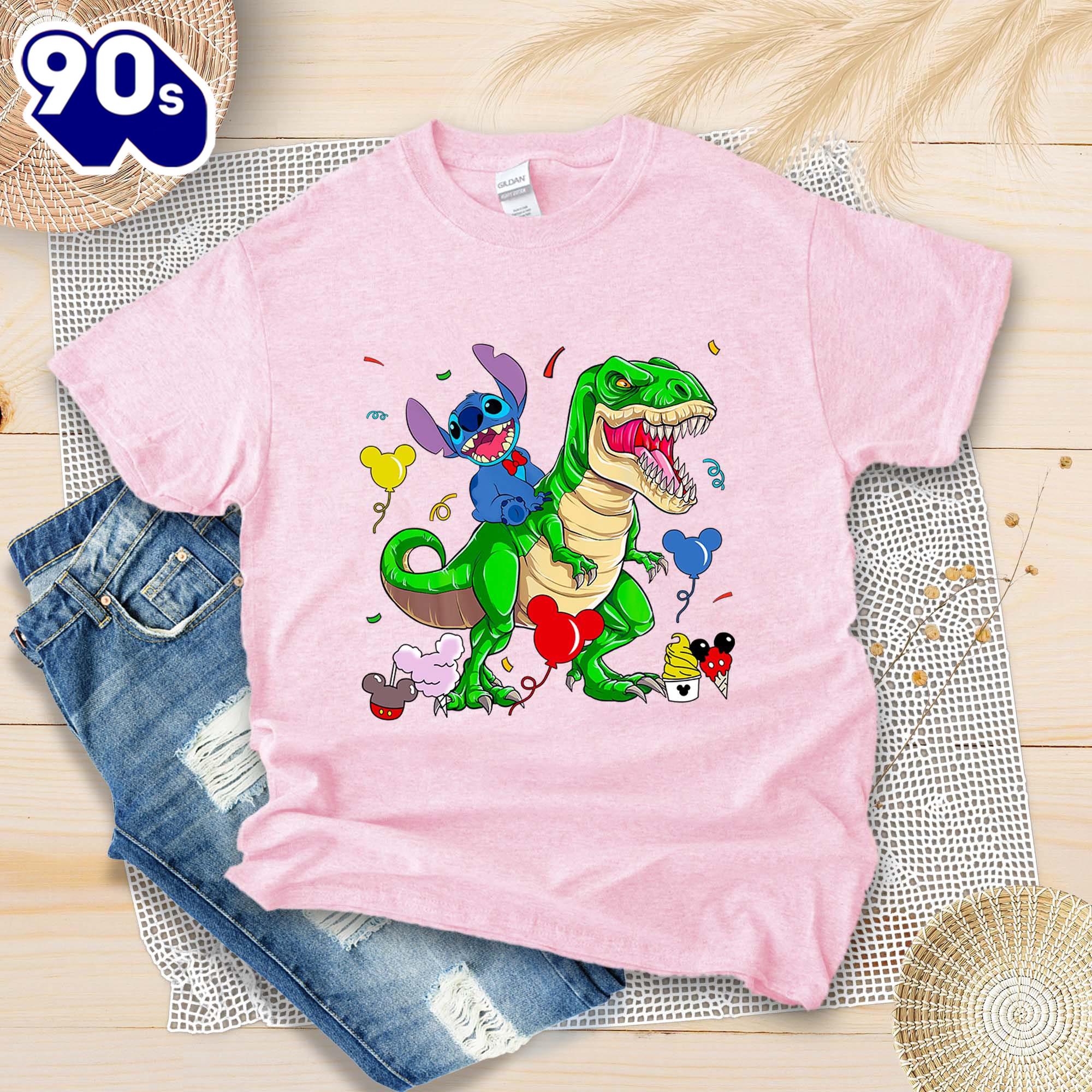 Stitch Riding Dinosaur Shirt T-Rex Disney Tee Gift for Family Gift Summer Stitch Riding Dinosaur Shirt T-Rex Disney Tee Gift for Family Gift Summer