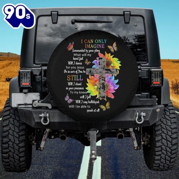 Sunflower Jesus Cross Butterfly I Can Imagine Christian Spare Tire Cover – Bible Verse Tire Cover Car Decor