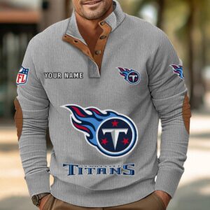 Tennessee Titans Button Up Shirts Stand Collar Long Sleeve Shirt Elbow Patches