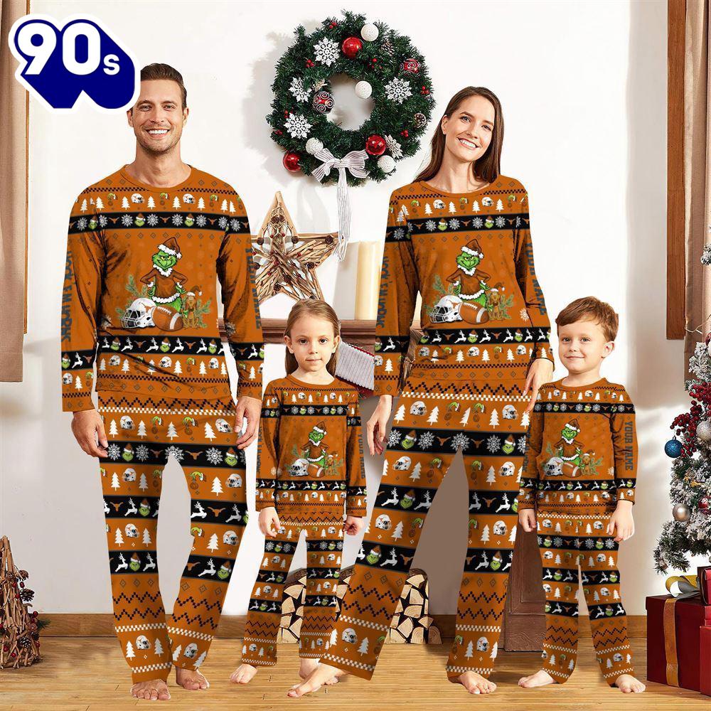 Texas Longhorns NCAA Custom Name Grinch Christmas And Sport Team Pajama Set Gift Christmas Texas Longhorns NCAA Custom Name Grinch Christmas And Sport Team Pajama Set Gift Christmas