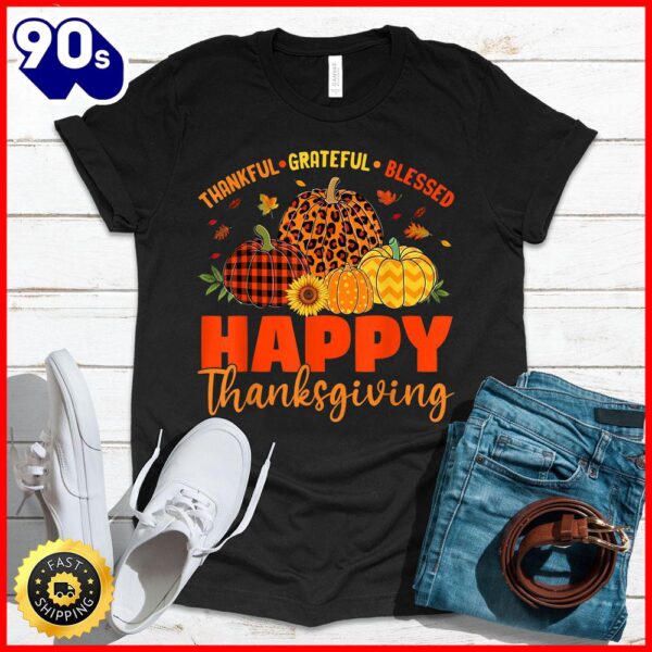 Halloween 2025  Thankful Grateful Blessed Leopard Plaid Pumpkin Thanksgiving T-Shirt