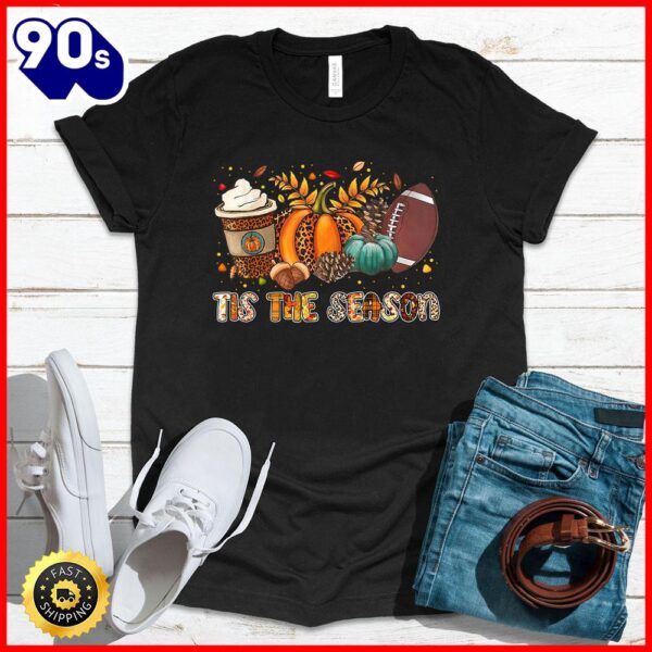 Halloween 2025  Tis’ The Season Leopard Pumpkin Football Halloween Fall T-Shirt